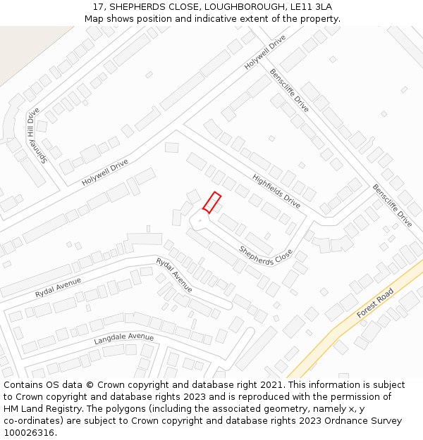 17, SHEPHERDS CLOSE, LOUGHBOROUGH, LE11 3LA: Location map and indicative extent of plot