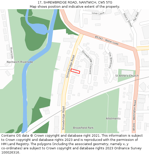 17, SHREWBRIDGE ROAD, NANTWICH, CW5 5TG: Location map and indicative extent of plot