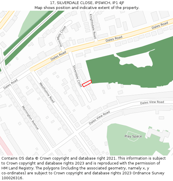 17, SILVERDALE CLOSE, IPSWICH, IP1 4JF: Location map and indicative extent of plot