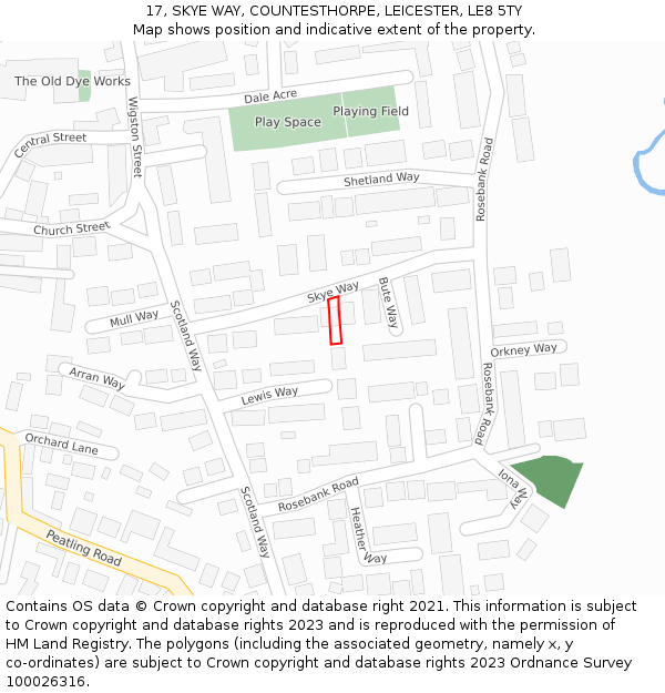 17, SKYE WAY, COUNTESTHORPE, LEICESTER, LE8 5TY: Location map and indicative extent of plot