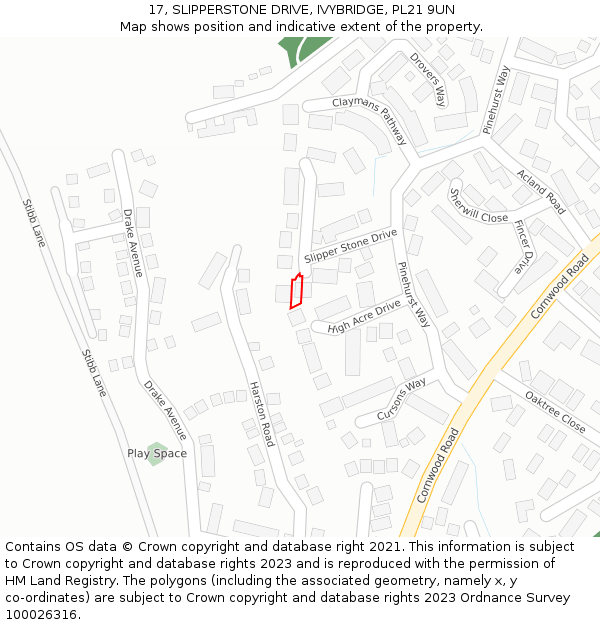 17, SLIPPERSTONE DRIVE, IVYBRIDGE, PL21 9UN: Location map and indicative extent of plot