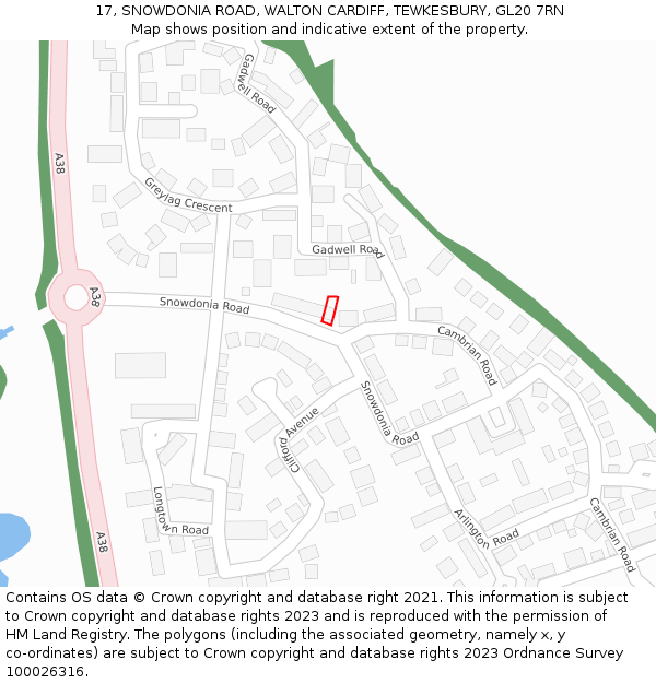 17, SNOWDONIA ROAD, WALTON CARDIFF, TEWKESBURY, GL20 7RN: Location map and indicative extent of plot