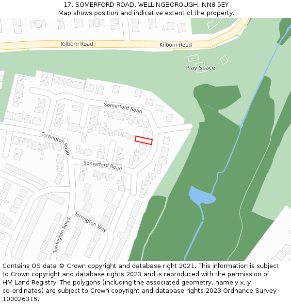 17, SOMERFORD ROAD, WELLINGBOROUGH, NN8 5EY: Location map and indicative extent of plot