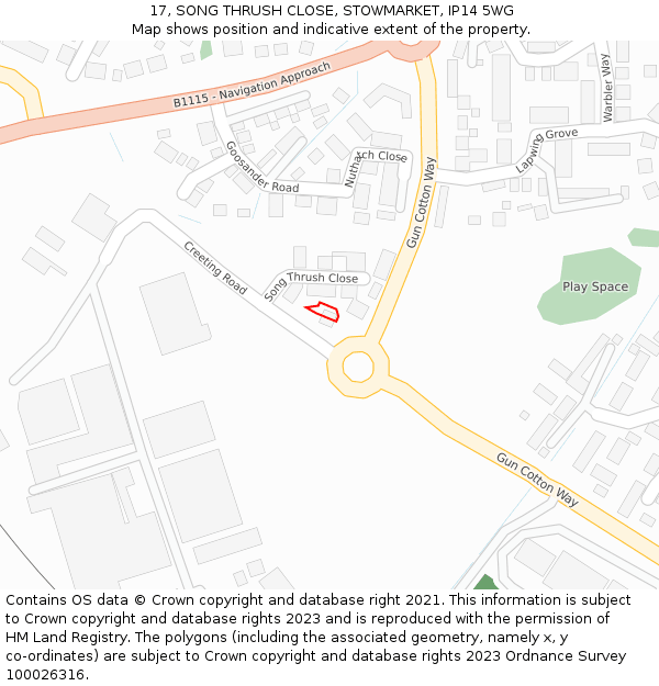 17, SONG THRUSH CLOSE, STOWMARKET, IP14 5WG: Location map and indicative extent of plot