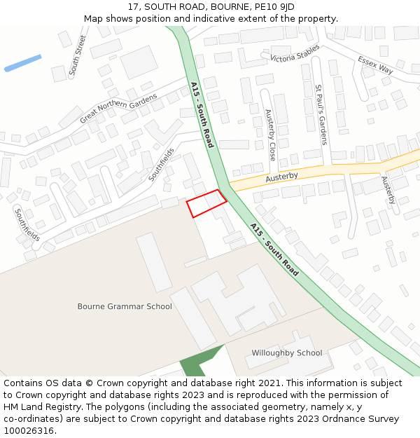 17, SOUTH ROAD, BOURNE, PE10 9JD: Location map and indicative extent of plot