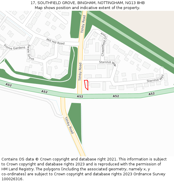 17, SOUTHFIELD GROVE, BINGHAM, NOTTINGHAM, NG13 8HB: Location map and indicative extent of plot