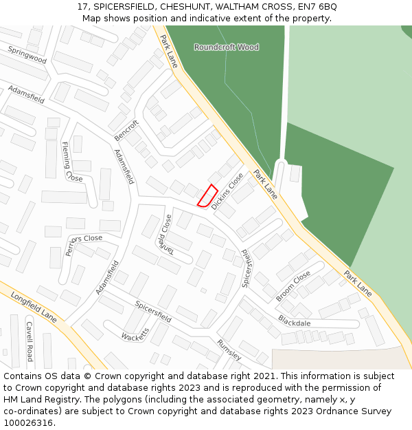 17, SPICERSFIELD, CHESHUNT, WALTHAM CROSS, EN7 6BQ: Location map and indicative extent of plot