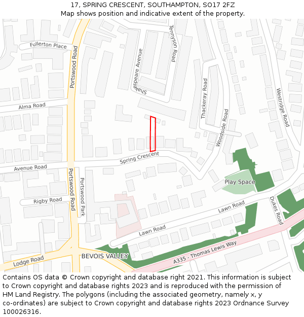 17, SPRING CRESCENT, SOUTHAMPTON, SO17 2FZ: Location map and indicative extent of plot