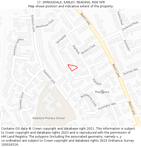 17, SPRINGDALE, EARLEY, READING, RG6 5PR: Location map and indicative extent of plot