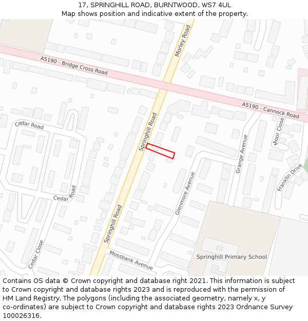 17, SPRINGHILL ROAD, BURNTWOOD, WS7 4UL: Location map and indicative extent of plot