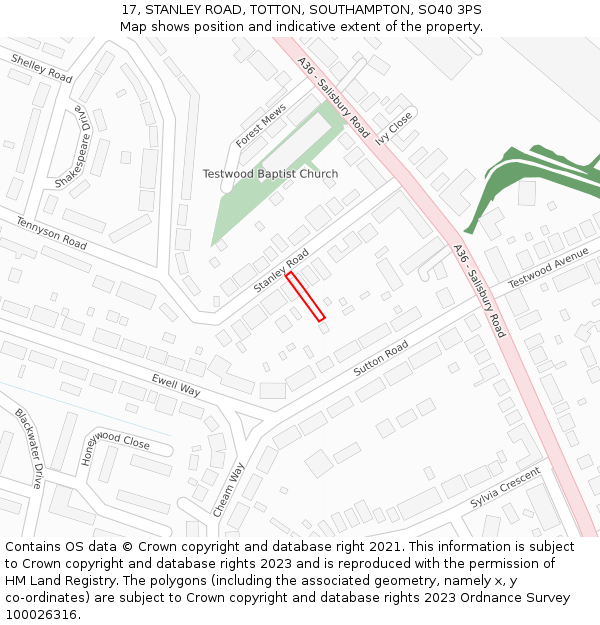 17, STANLEY ROAD, TOTTON, SOUTHAMPTON, SO40 3PS: Location map and indicative extent of plot