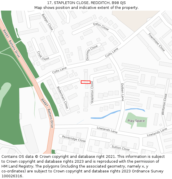 17, STAPLETON CLOSE, REDDITCH, B98 0JS: Location map and indicative extent of plot