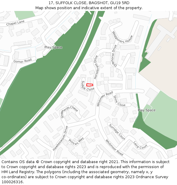 17, SUFFOLK CLOSE, BAGSHOT, GU19 5RD: Location map and indicative extent of plot