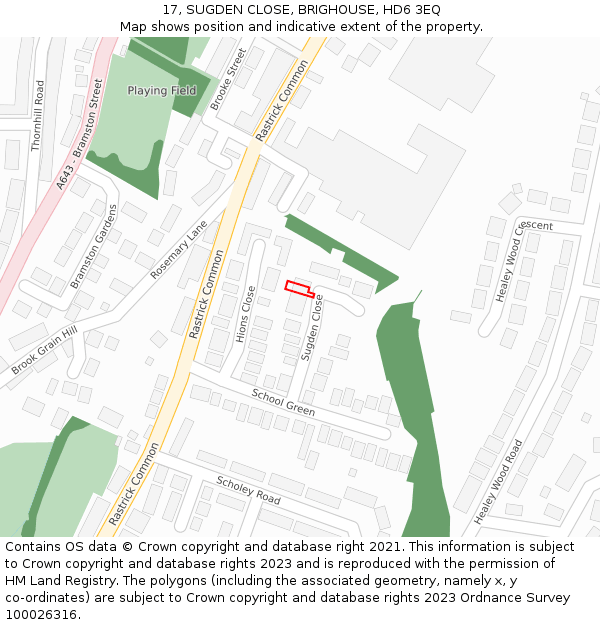 17, SUGDEN CLOSE, BRIGHOUSE, HD6 3EQ: Location map and indicative extent of plot