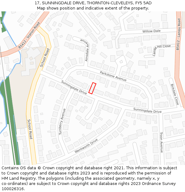 17, SUNNINGDALE DRIVE, THORNTON-CLEVELEYS, FY5 5AD: Location map and indicative extent of plot