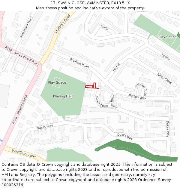 17, SWAIN CLOSE, AXMINSTER, EX13 5HX: Location map and indicative extent of plot