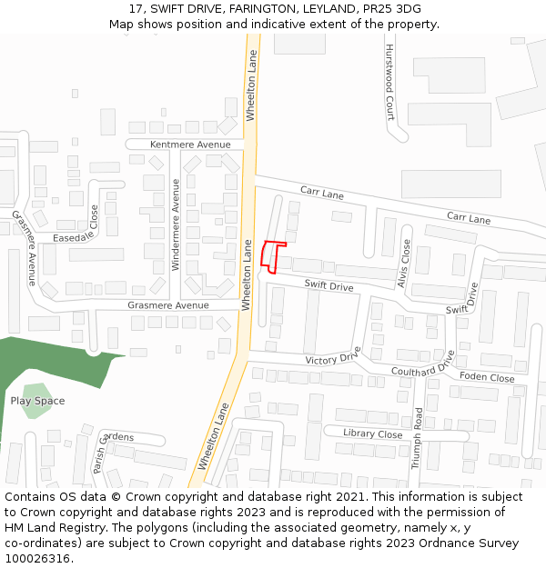 17, SWIFT DRIVE, FARINGTON, LEYLAND, PR25 3DG: Location map and indicative extent of plot