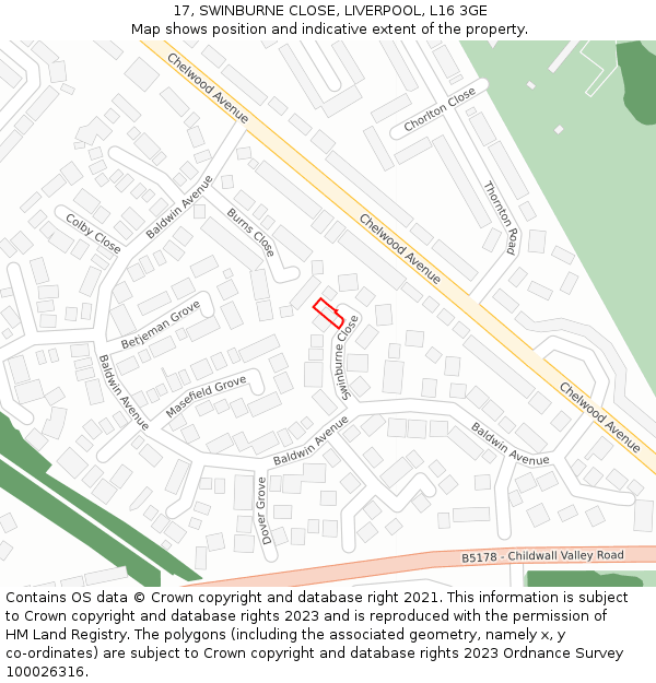 17, SWINBURNE CLOSE, LIVERPOOL, L16 3GE: Location map and indicative extent of plot