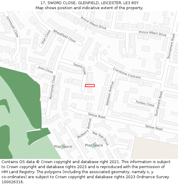 17, SWORD CLOSE, GLENFIELD, LEICESTER, LE3 8SY: Location map and indicative extent of plot