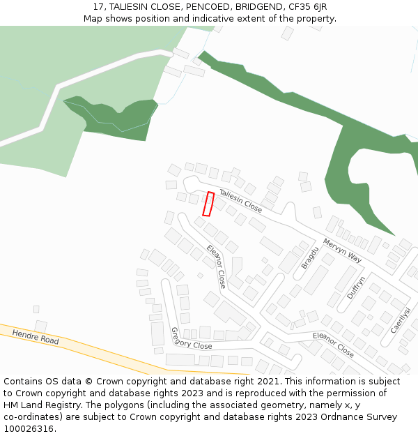 17, TALIESIN CLOSE, PENCOED, BRIDGEND, CF35 6JR: Location map and indicative extent of plot