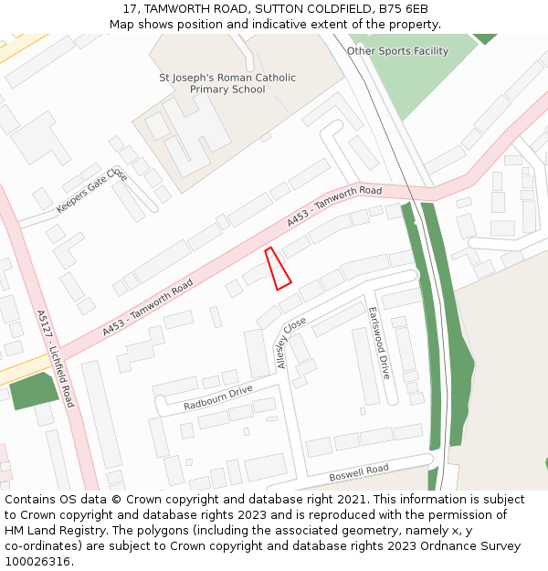 17, TAMWORTH ROAD, SUTTON COLDFIELD, B75 6EB: Location map and indicative extent of plot