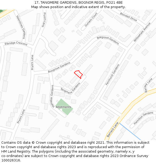 17, TANGMERE GARDENS, BOGNOR REGIS, PO21 4BE: Location map and indicative extent of plot