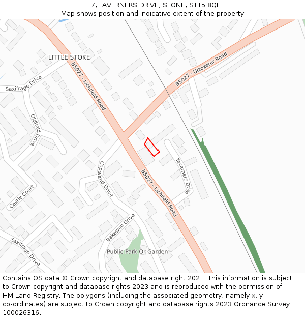 17, TAVERNERS DRIVE, STONE, ST15 8QF: Location map and indicative extent of plot