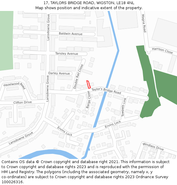 17, TAYLORS BRIDGE ROAD, WIGSTON, LE18 4NL: Location map and indicative extent of plot