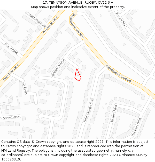 17, TENNYSON AVENUE, RUGBY, CV22 6JH: Location map and indicative extent of plot