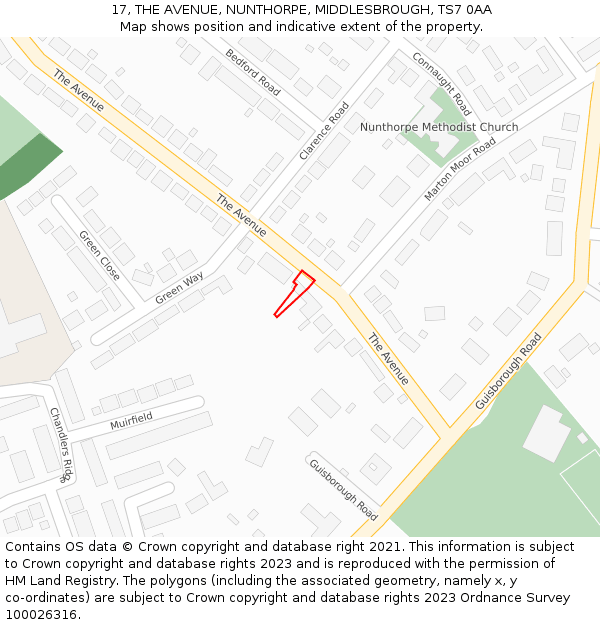 17, THE AVENUE, NUNTHORPE, MIDDLESBROUGH, TS7 0AA: Location map and indicative extent of plot