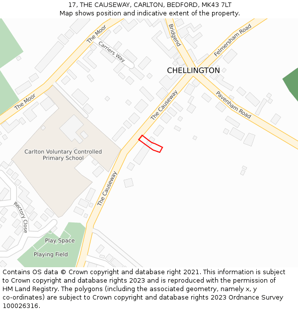 17, THE CAUSEWAY, CARLTON, BEDFORD, MK43 7LT: Location map and indicative extent of plot