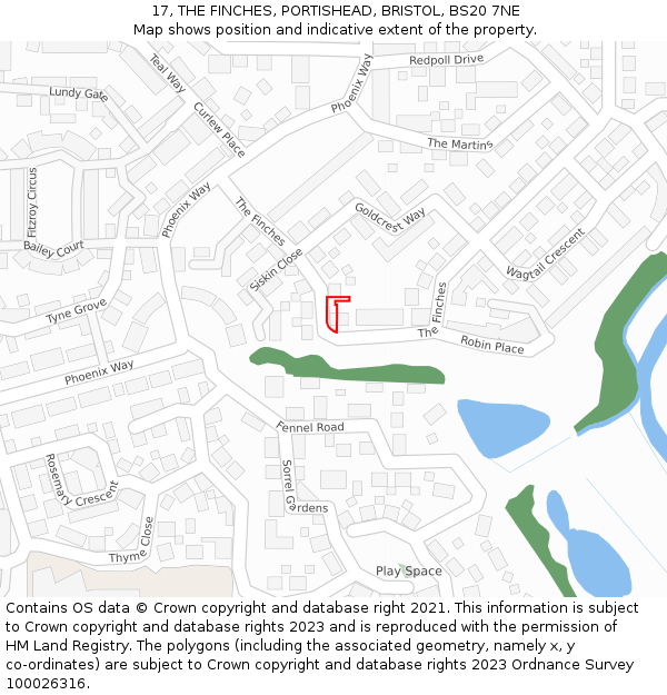 17, THE FINCHES, PORTISHEAD, BRISTOL, BS20 7NE: Location map and indicative extent of plot