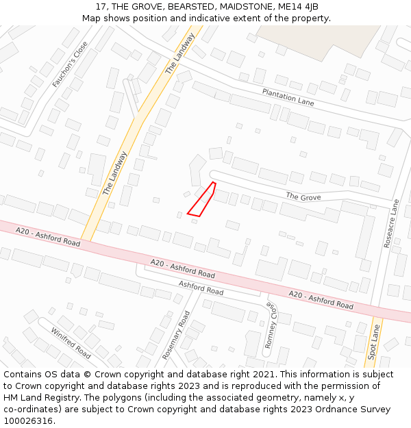 17, THE GROVE, BEARSTED, MAIDSTONE, ME14 4JB: Location map and indicative extent of plot