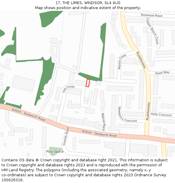 17, THE LIMES, WINDSOR, SL4 4US: Location map and indicative extent of plot