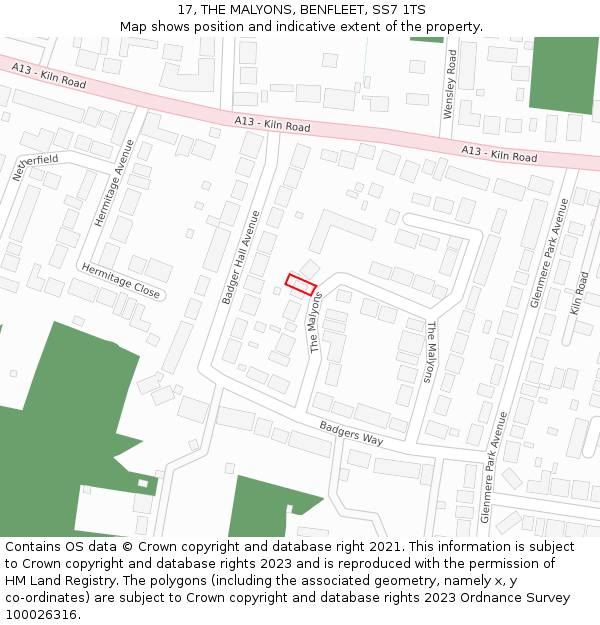 17, THE MALYONS, BENFLEET, SS7 1TS: Location map and indicative extent of plot