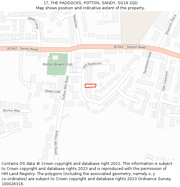 17, THE PADDOCKS, POTTON, SANDY, SG19 2QD: Location map and indicative extent of plot