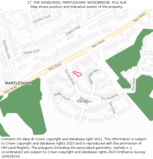 17, THE SANDLINGS, MARTLESHAM, WOODBRIDGE, IP12 4UE: Location map and indicative extent of plot
