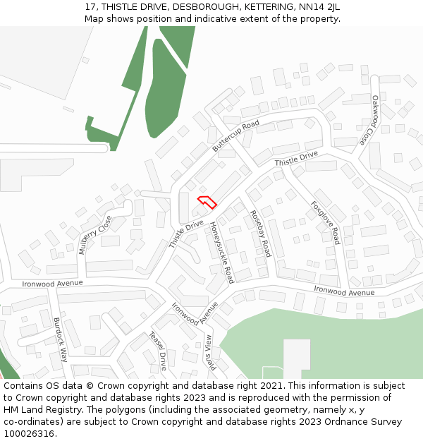 17, THISTLE DRIVE, DESBOROUGH, KETTERING, NN14 2JL: Location map and indicative extent of plot