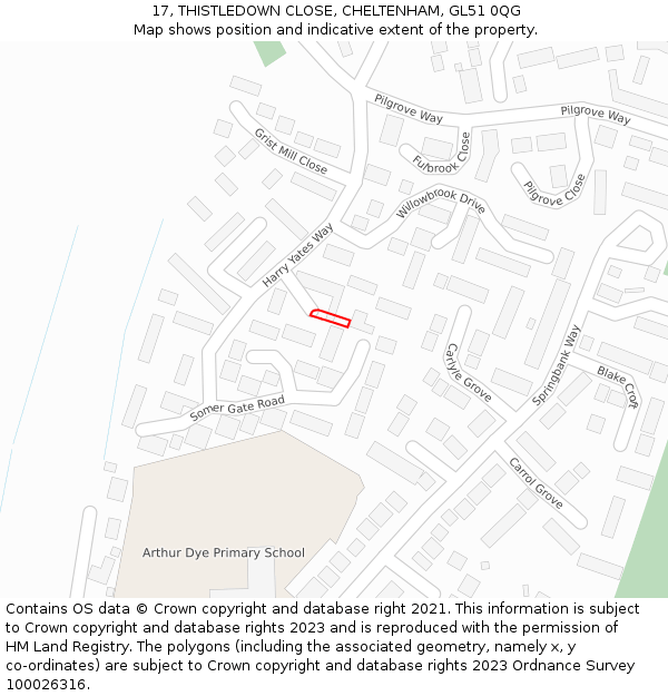 17, THISTLEDOWN CLOSE, CHELTENHAM, GL51 0QG: Location map and indicative extent of plot