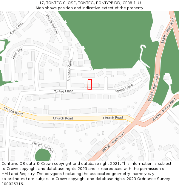17, TONTEG CLOSE, TONTEG, PONTYPRIDD, CF38 1LU: Location map and indicative extent of plot