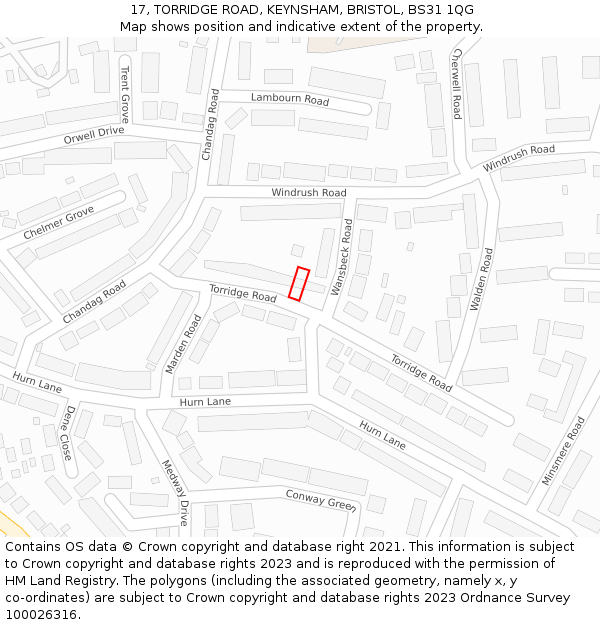 17, TORRIDGE ROAD, KEYNSHAM, BRISTOL, BS31 1QG: Location map and indicative extent of plot