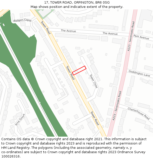 17, TOWER ROAD, ORPINGTON, BR6 0SG: Location map and indicative extent of plot