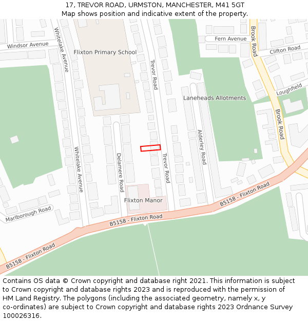 17, TREVOR ROAD, URMSTON, MANCHESTER, M41 5GT: Location map and indicative extent of plot