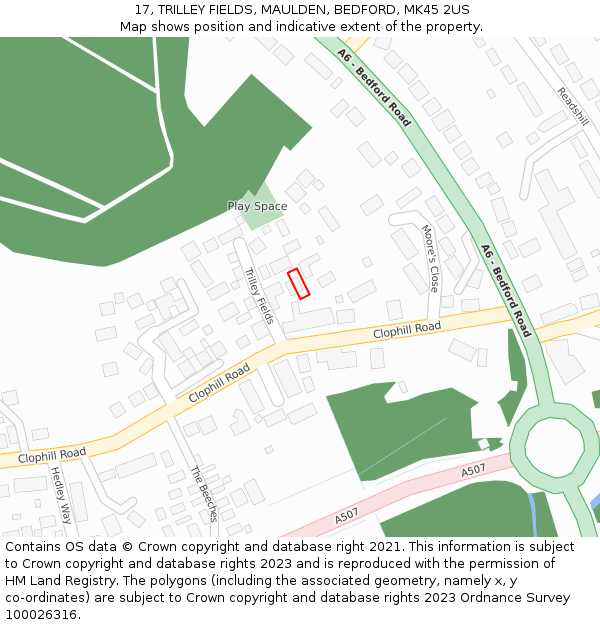 17, TRILLEY FIELDS, MAULDEN, BEDFORD, MK45 2US: Location map and indicative extent of plot