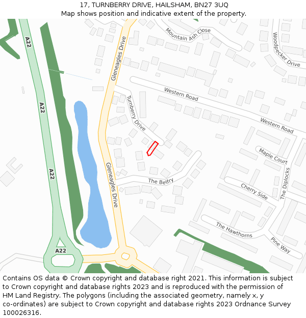 17, TURNBERRY DRIVE, HAILSHAM, BN27 3UQ: Location map and indicative extent of plot