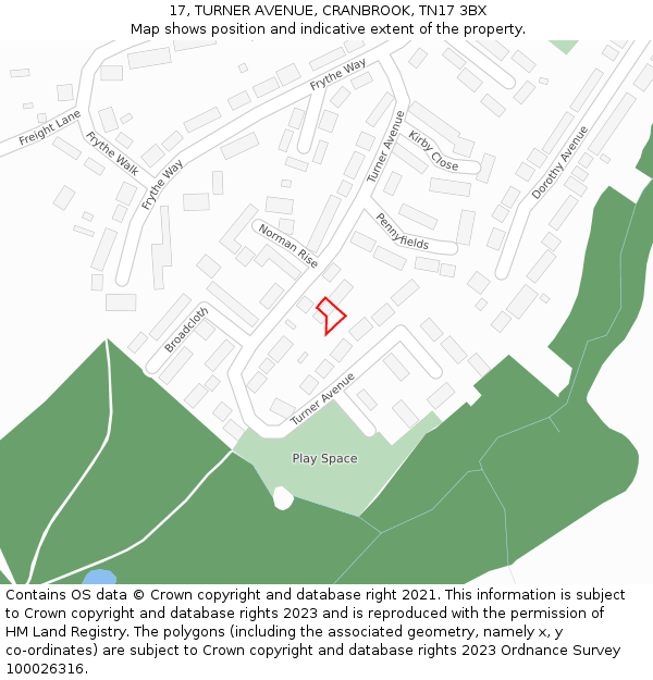 17, TURNER AVENUE, CRANBROOK, TN17 3BX: Location map and indicative extent of plot