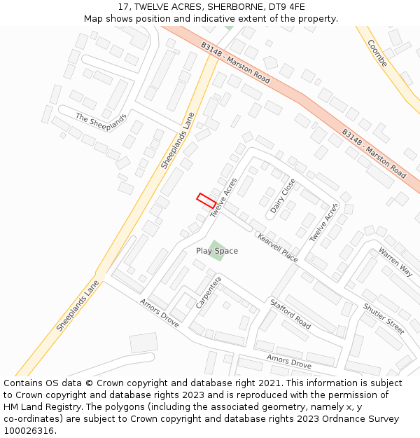 17, TWELVE ACRES, SHERBORNE, DT9 4FE: Location map and indicative extent of plot