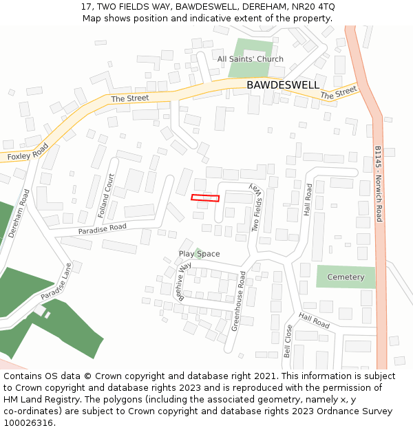 17, TWO FIELDS WAY, BAWDESWELL, DEREHAM, NR20 4TQ: Location map and indicative extent of plot