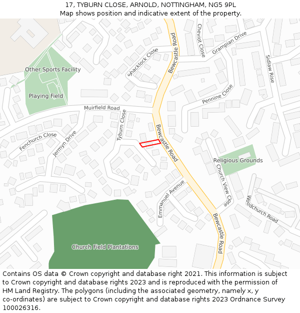 17, TYBURN CLOSE, ARNOLD, NOTTINGHAM, NG5 9PL: Location map and indicative extent of plot