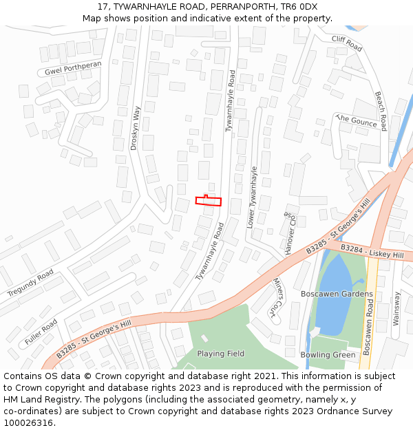 17, TYWARNHAYLE ROAD, PERRANPORTH, TR6 0DX: Location map and indicative extent of plot